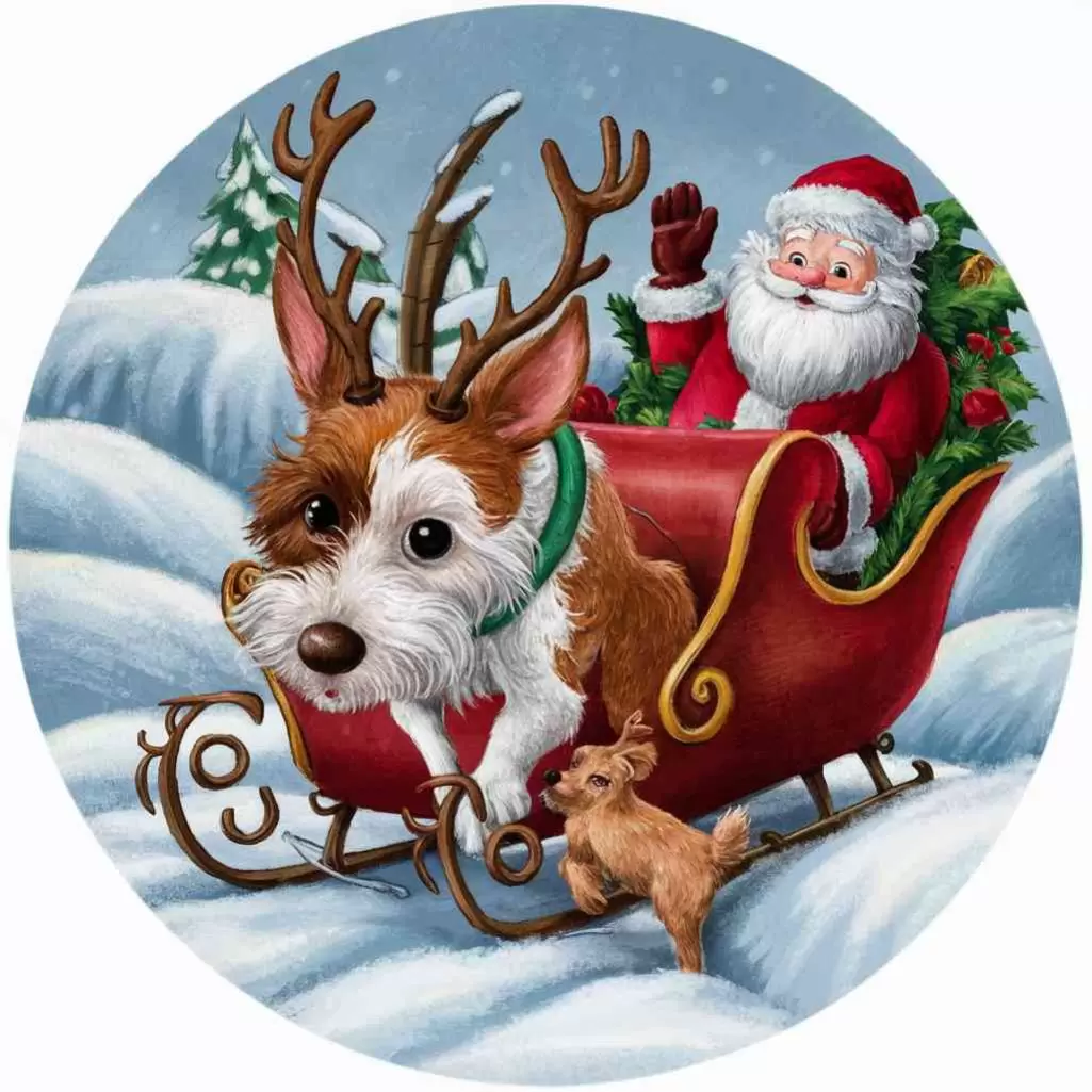  rein-dog sniff around Santa’s sleigh